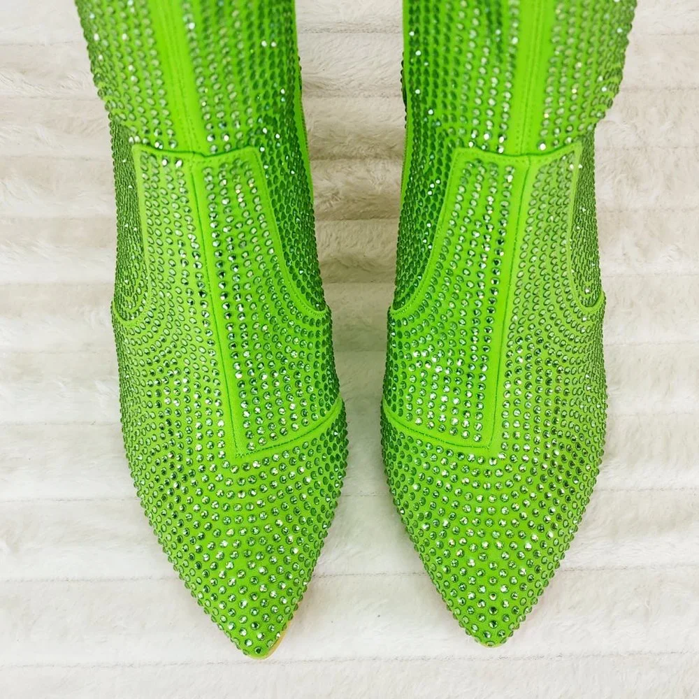 Stunning Bright Green Stretch Rhinestone Ankle Boots 3.5" Kitten Heels_6